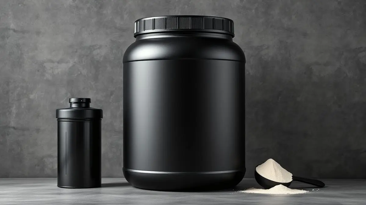 Pote de whey protein sem marca ao lado de uma coqueteleira e um medidor com o pó, representando as melhores marcas de whey protein para comprar em 2025.