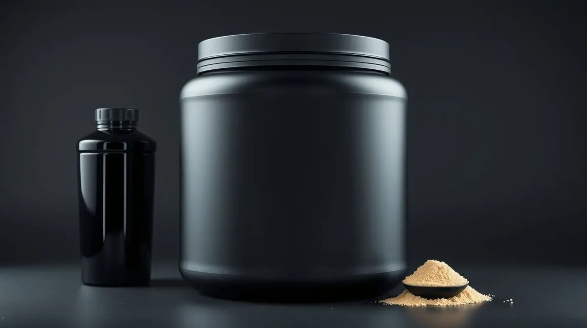 Um pote de whey protein sem marca ao lado de um scoop com o pó e uma coqueteleira, representando as melhores marcas de whey protein do mercado.