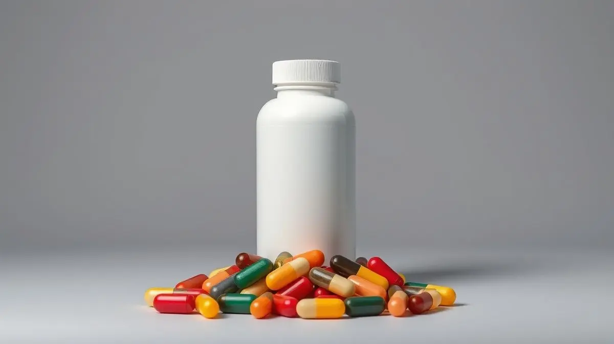 Frasco moderno de um multivitamínico sem marca sobre fundo neutro, com cápsulas coloridas à frente, representando os melhores multivitamínicos do ano.