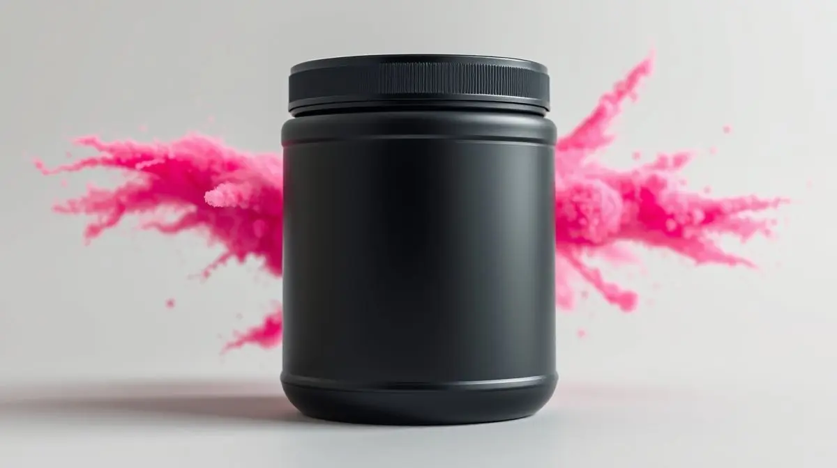 Pote de pré-treino sem marca em fundo de estúdio, representando os melhores suplementos para comprar e aumentar a energia e performance nos treinos.
