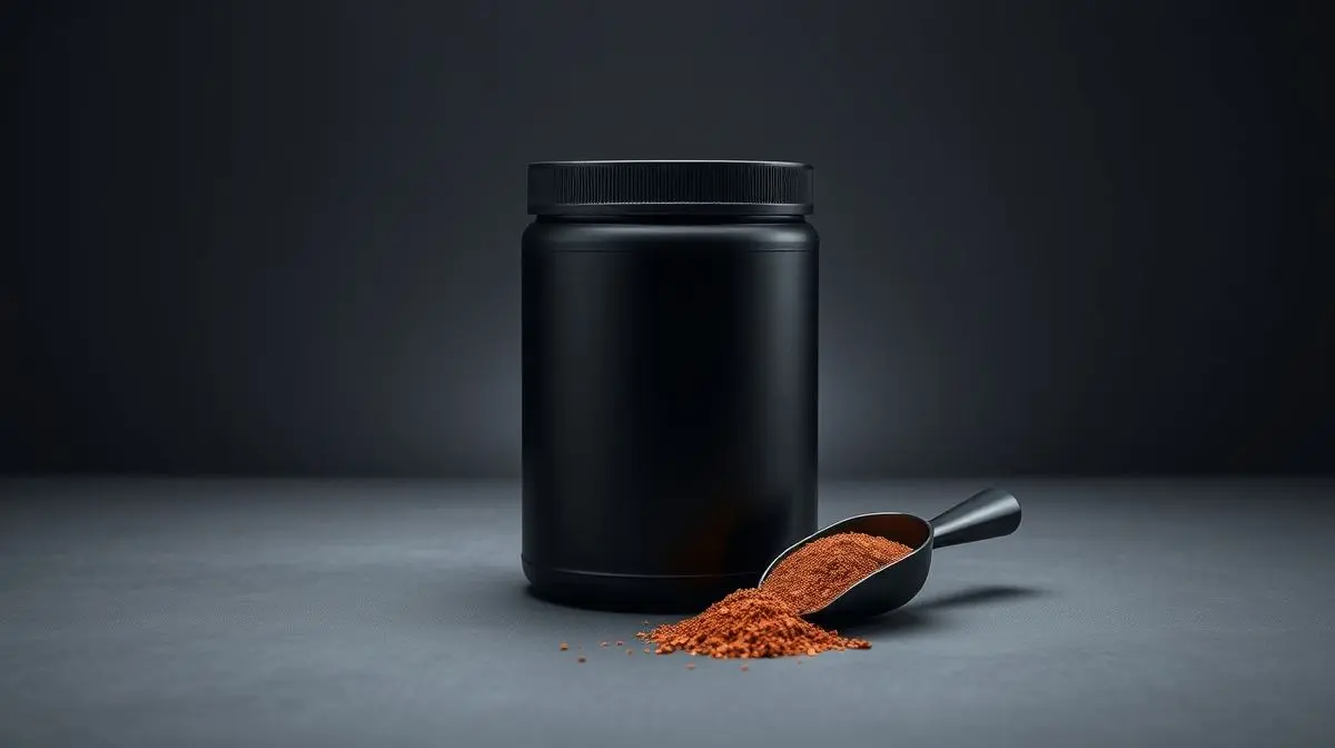 Pote de proteína da carne (beef protein) sem marca em um fundo de estúdio, com um scoop de pó ao lado, representando as melhores opções de 2025.