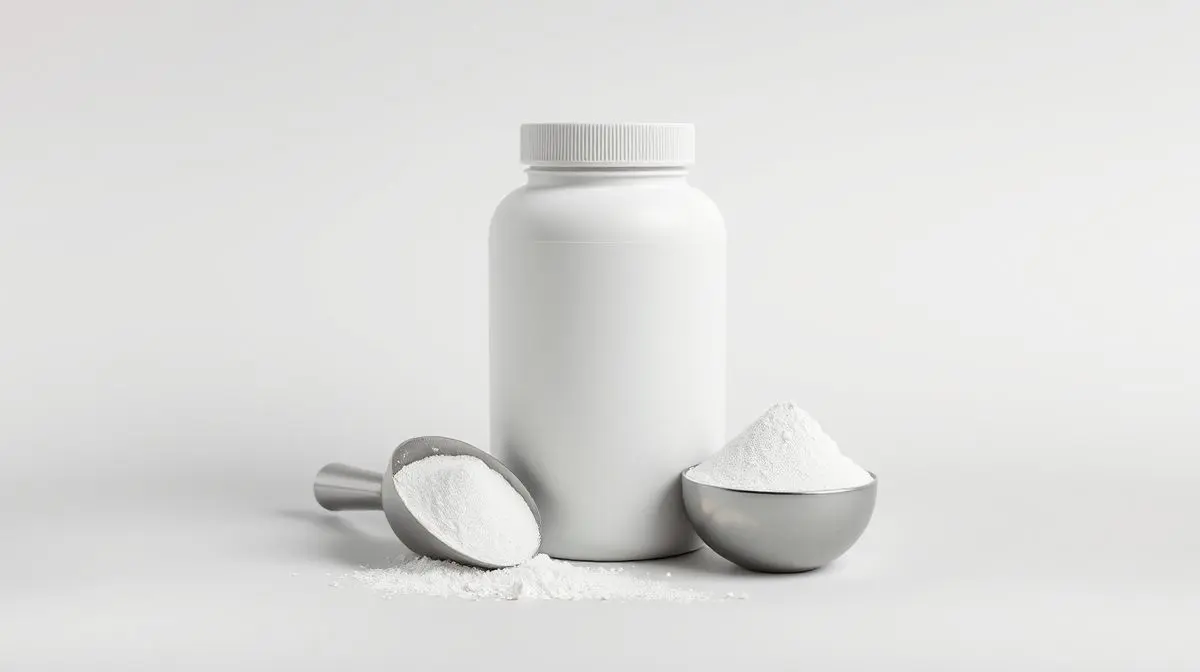 Pote branco minimalista de suplemento de citrulina com uma colher do pó branco ao lado, sobre um fundo de estúdio claro, simbolizando a melhor citrulina.