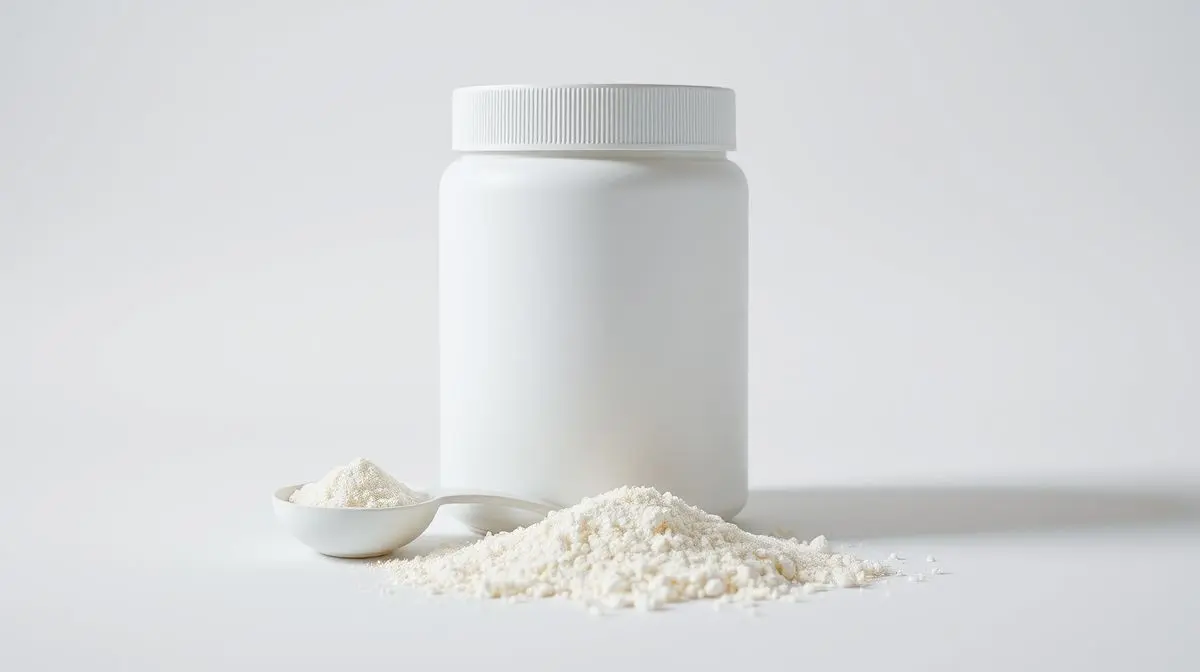 Pote de suplemento de fibra em pó com um dosador ao lado, em um fundo neutro, representando os melhores suplementos para a saúde intestinal.