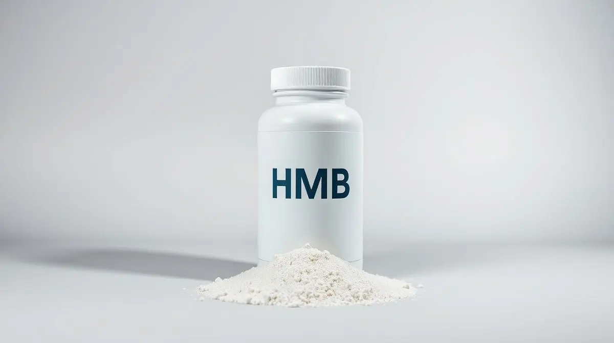 Frasco de suplemento HMB e uma porção de HMB em pó em um fundo neutro, representando os melhores suplementos para ganho de massa muscular e recuperação.