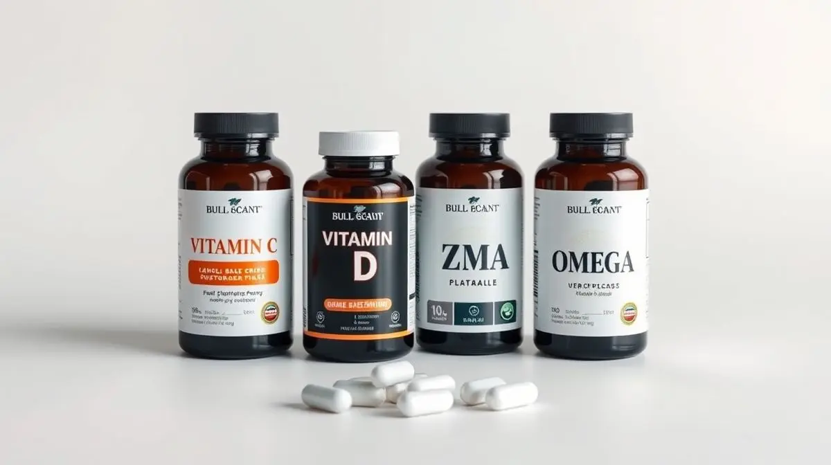 Uma coleção de frascos de suplementos para imunidade, incluindo Vitamina C, D, ZMA e Ômega 3, organizados de forma limpa e profissional.