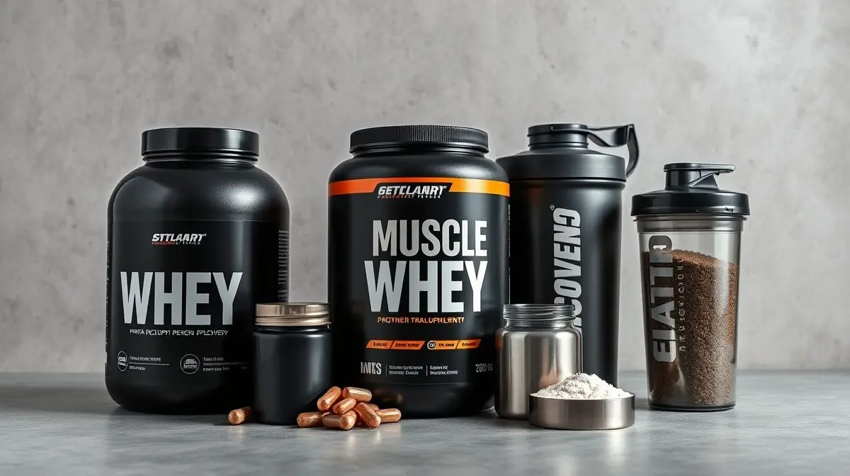 Seleção dos melhores suplementos para recuperação muscular, incluindo potes de whey protein e creatina, organizados sobre uma superfície de concreto.
