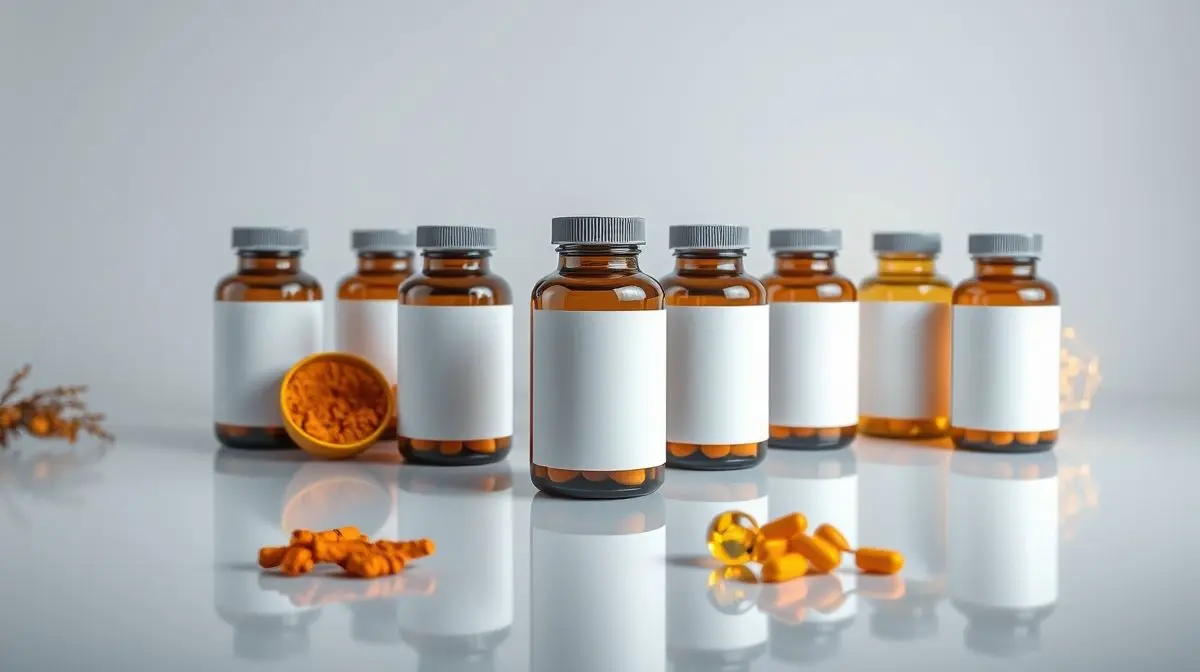 Coleção de frascos de suplementos para a saúde das articulações, como colágeno e cúrcuma, em uma composição profissional e minimalista.
