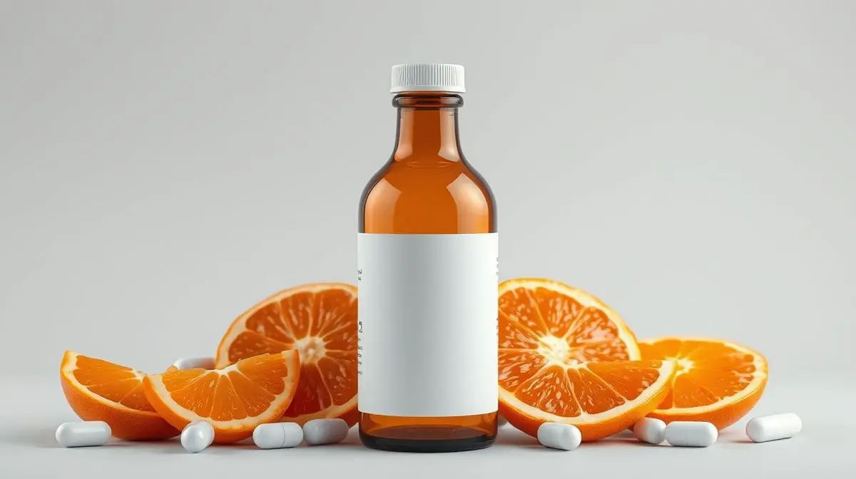 Garrafa de suplemento de vitamina C sem marca, com cápsulas e fatias de laranja ao lado, representando as melhores opções de vitamina C do mercado.