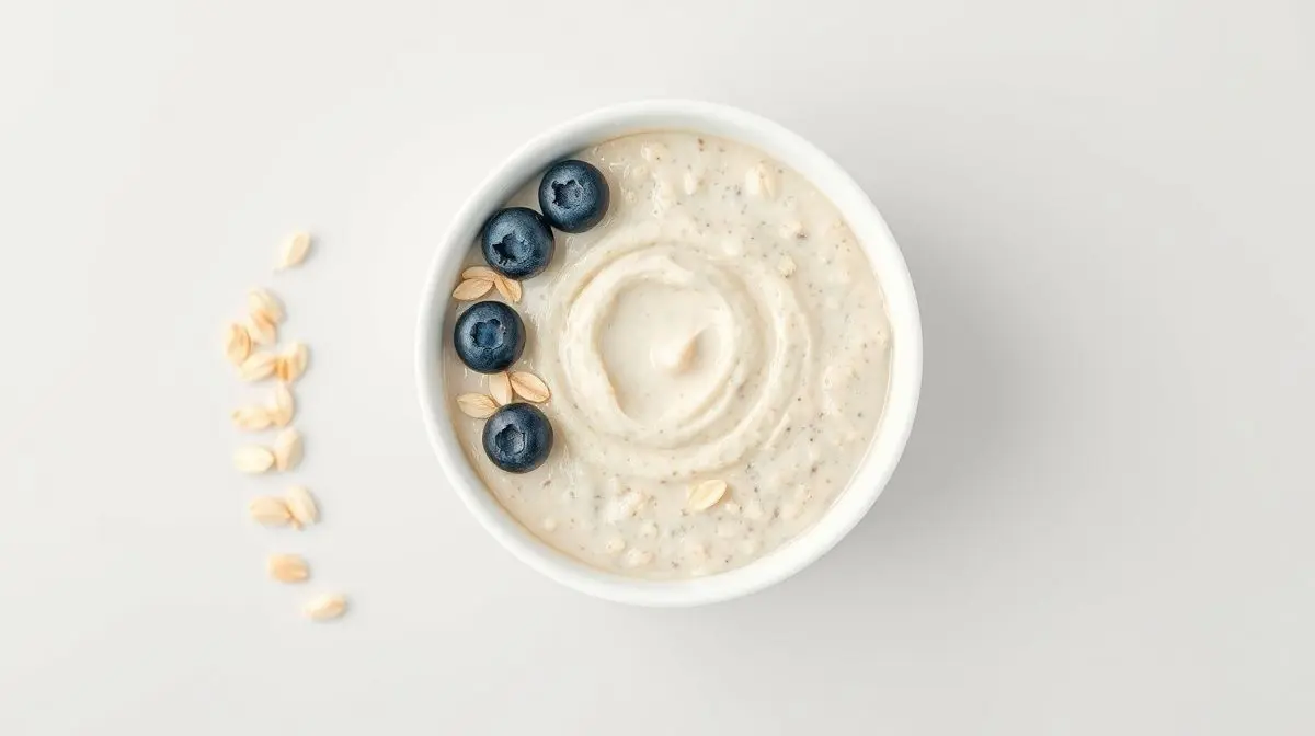 Tigela de cerâmica branca com mingau de aveia cremoso e frutas, representando as melhores aveias para uma alimentação saudável e equilibrada em 2025.