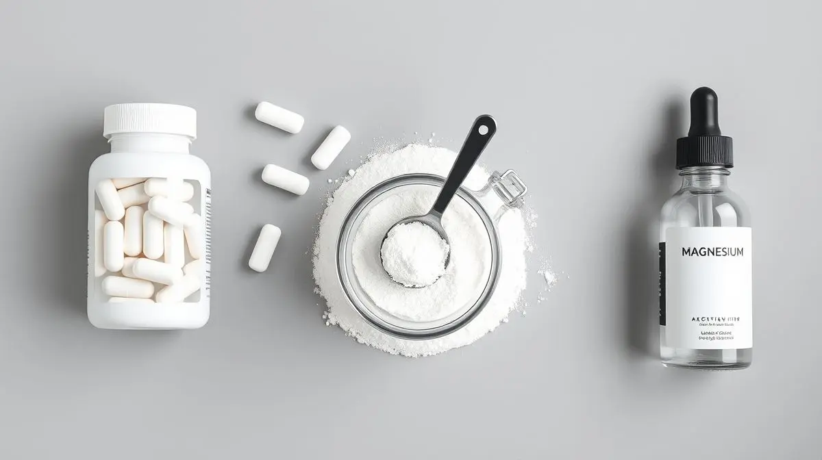 Diversos tipos de suplementos de magnésio em embalagens sem marca, incluindo cápsulas, pó e líquido, para ilustrar os melhores magnésios do mercado.