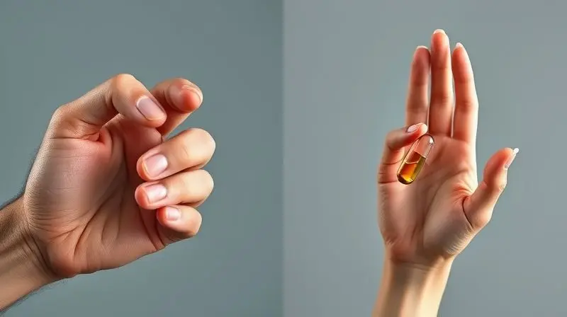 Imagem dividida mostrando a mão de um homem e de uma mulher, cada uma segurando uma cápsula de multivitamínico específico para seu gênero.