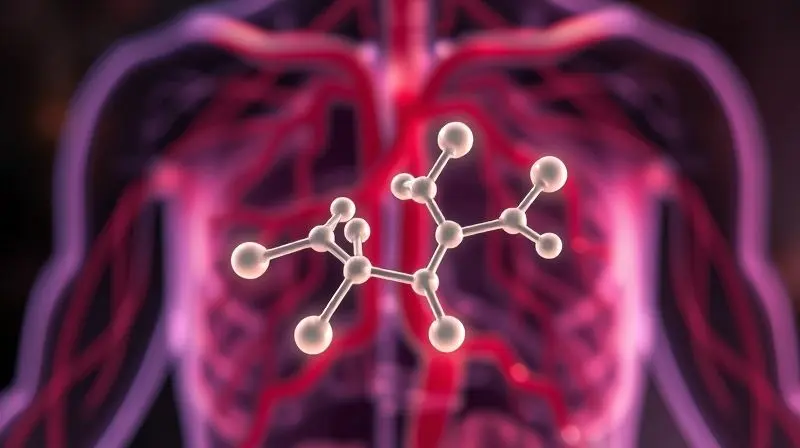 Ilustração da molécula de arginina sobre o sistema circulatório para explicar o que é e qual a sua função no corpo humano.