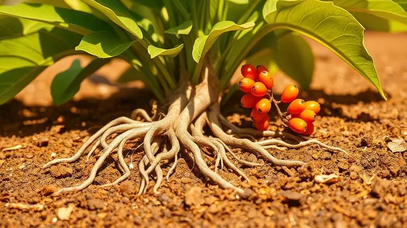 Planta Ashwagandha (Withania somnifera) com suas raízes expostas na terra, explicando o que é e a origem do suplemento.