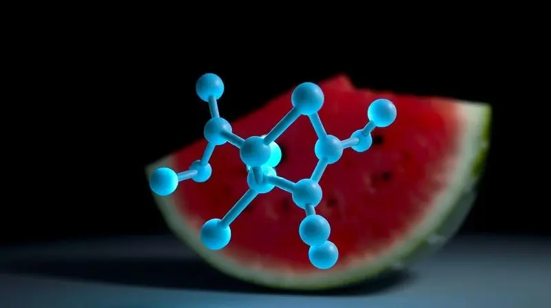 Estrutura molecular da Citrulina sobreposta a uma fatia de melancia para ilustrar o que é o suplemento e sua origem natural.