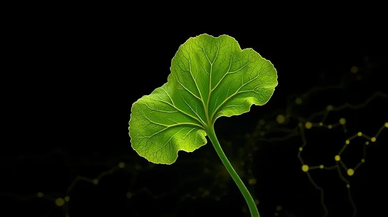 Ilustração conceitual de uma folha de Ginkgo Biloba se transformando em redes neurais, explicando o que é e para que serve o suplemento.