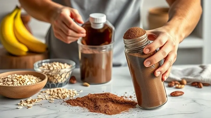 Pessoa preparando um shake hipercalórico em uma cozinha, demonstrando para que serve o suplemento no dia a dia.