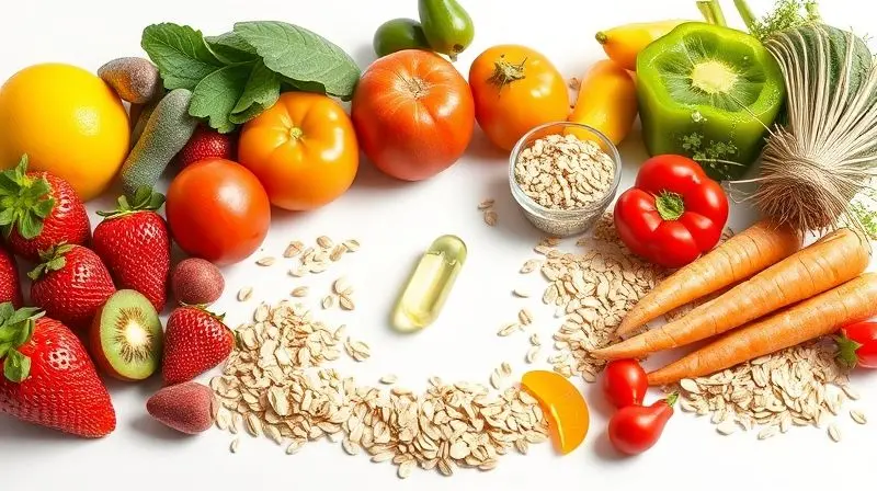 Uma cápsula de multivitamínico no centro de um círculo de frutas e vegetais frescos, ilustrando o que é e para que serve o suplemento.