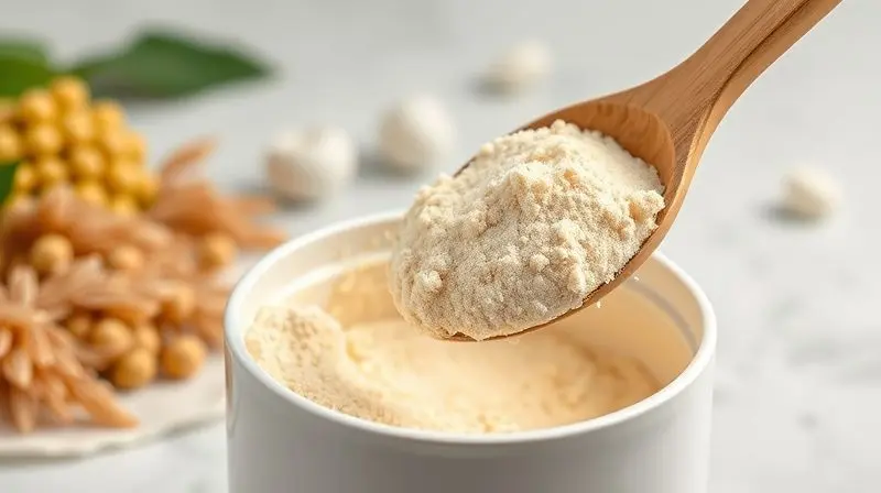 Scoop de proteína vegana em pó saindo de um pote, ilustrando o que é o suplemento e sua composição de origem vegetal.