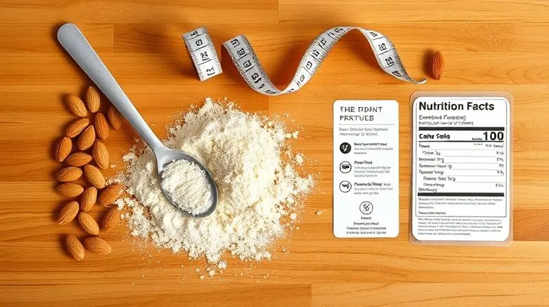 Componentes de um substituto de refeição, incluindo pó de proteína, amêndoas e fita métrica, vistos de cima para explicar sua função nutricional.