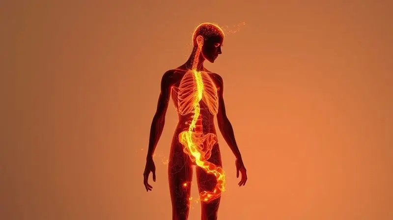 Representação conceitual do efeito de um termogênico no corpo, mostrando um brilho de energia simbolizando o aumento do metabolismo.