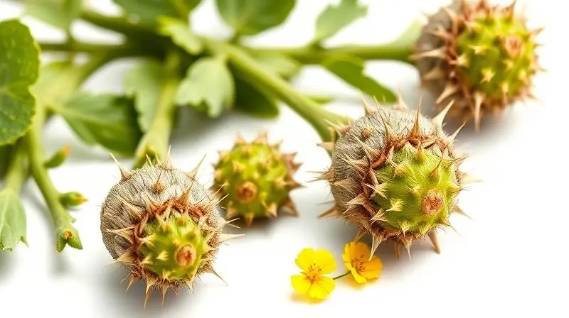 Planta Tribulus Terrestris com suas flores amarelas e frutos espinhosos, ilustrando a origem natural do suplemento.