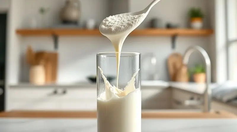 Scoop despejando whey protein em pó dentro de uma coqueteleira com leite para explicar o que é e como funciona o suplemento.