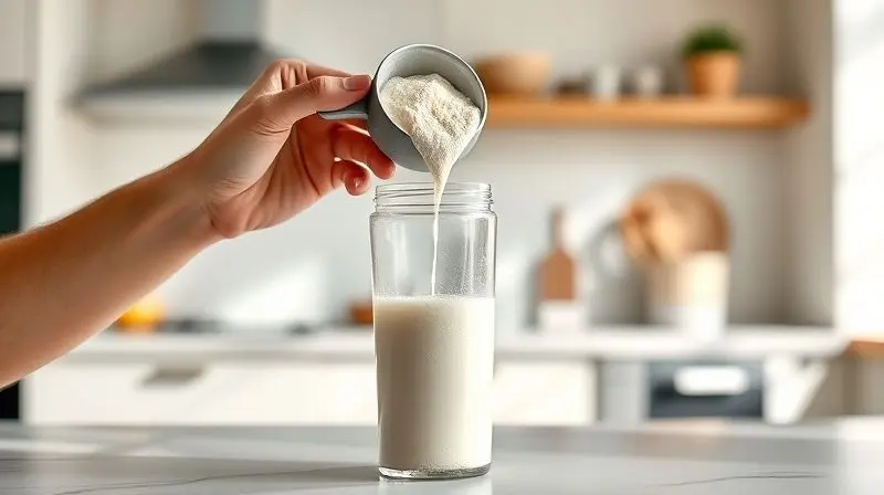 Pessoa preparando um shake de whey protein em uma cozinha clara, demonstrando como o suplemento é usado para auxiliar no emagrecimento.