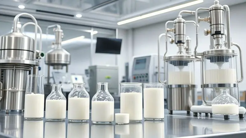 Processo de fabricação do whey protein, mostrando a filtragem do soro do leite até se tornar o pó de suplemento em um ambiente de laboratório.