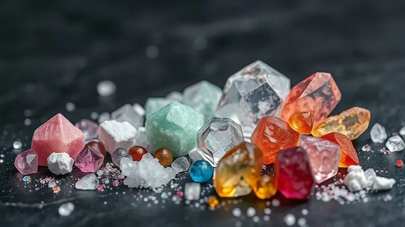 Close-up de cristais de minerais que representam os eletrólitos, explicando sua importância para o corpo humano e a hidratação.