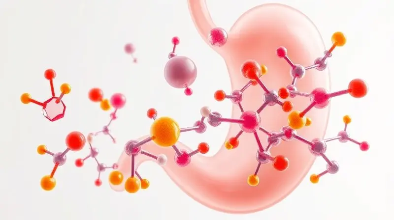 Visualização conceitual de enzimas digestivas em ação, quebrando moléculas de alimentos para ilustrar seus benefícios para a digestão.