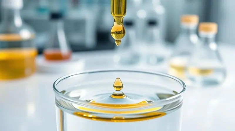 Gota de óleo de ômega 3 puro caindo em um recipiente de laboratório, simbolizando a pureza e a certificação de qualidade dos suplementos.