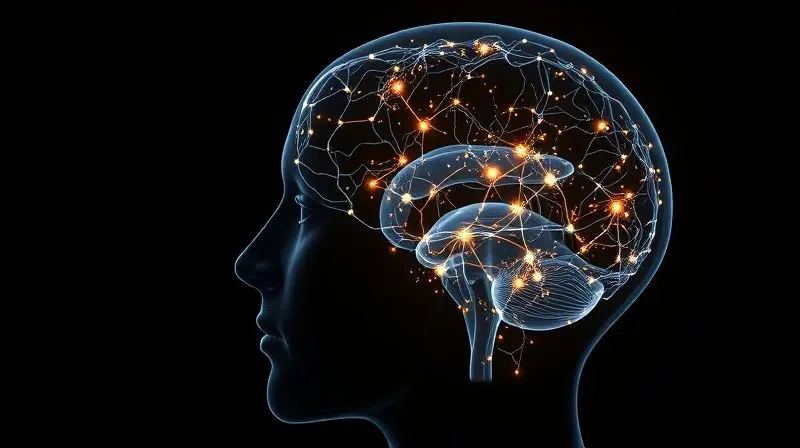 Imagem simbolizando o ômega 3 melhorando o desempenho cerebral, com uma rede de neurônios brilhante e ativa dentro de um cérebro saudável.