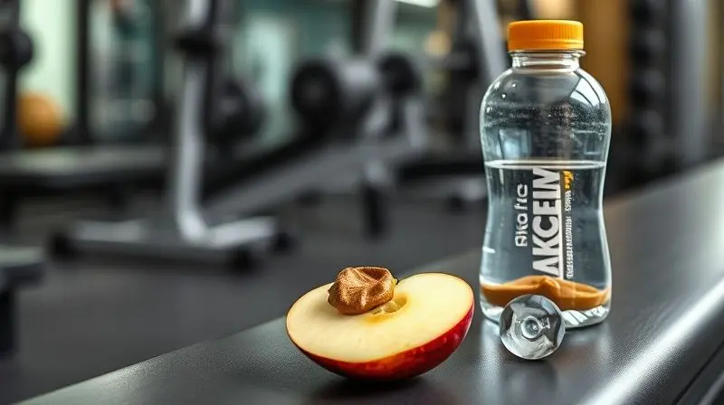 Lanche pré-treino com maçã e pasta de amendoim em um banco de academia, ilustrando seu uso para energia e recuperação muscular.