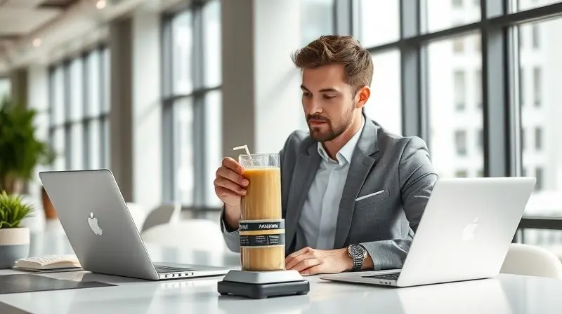 Profissional ocupado preparando um shake substituto de refeição em sua mesa de escritório, simbolizando a praticidade e economia de tempo.