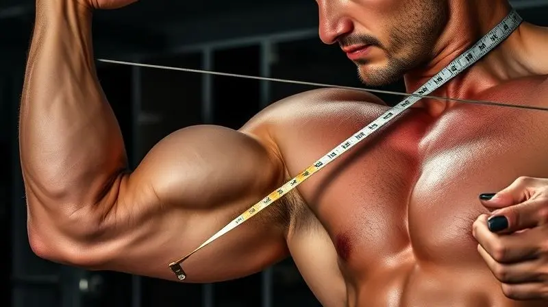 Braço de um atleta sendo medido com fita métrica, simbolizando o foco do pré-treino para o ganho de massa muscular e hipertrofia.