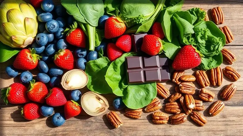 Mesa de madeira rústica com uma variedade de alimentos ricos em antioxidantes, como mirtilos, nozes, espinafre e chocolate amargo.