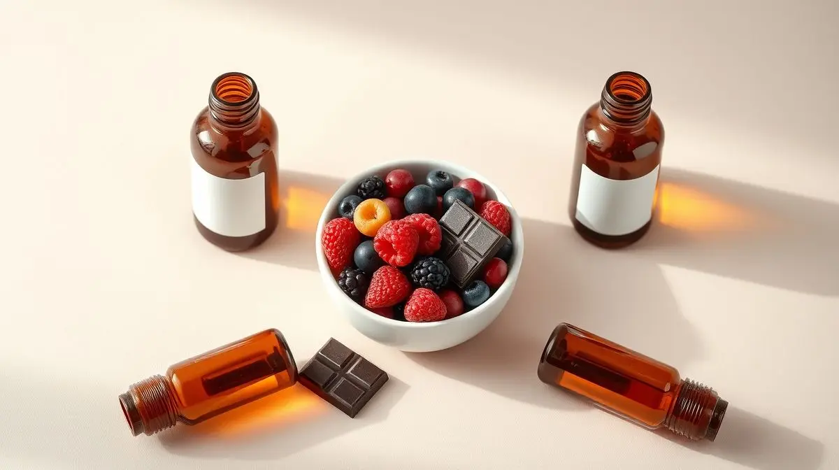 Arranjo simétrico com fontes de antioxidantes, incluindo frutas vermelhas e suplementos, representando os principais tipos e benefícios para a saúde.