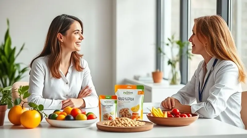 Nutricionista em consultório conversando com paciente sobre o uso correto de substitutos de refeição e a importância do acompanhamento profissional.