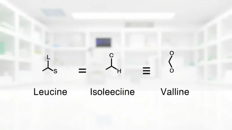Ilustração conceitual da estrutura molecular dos aminoácidos do BCAA, representando as diferentes proporções como 2:1:1 e 8:1:1.