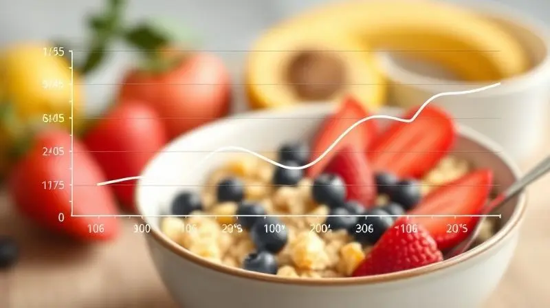 Gráfico de linha estável sobreposto a um café da manhã saudável, simbolizando como a proteína ajuda a evitar picos de glicose e a manter a energia.