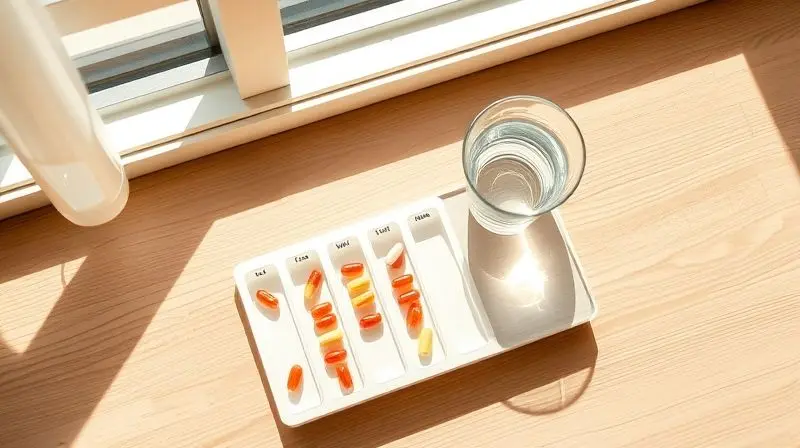 Cena matinal mostrando uma rotina organizada para tomar suplementos, com um porta-pílulas semanal ao lado de um copo d'água.