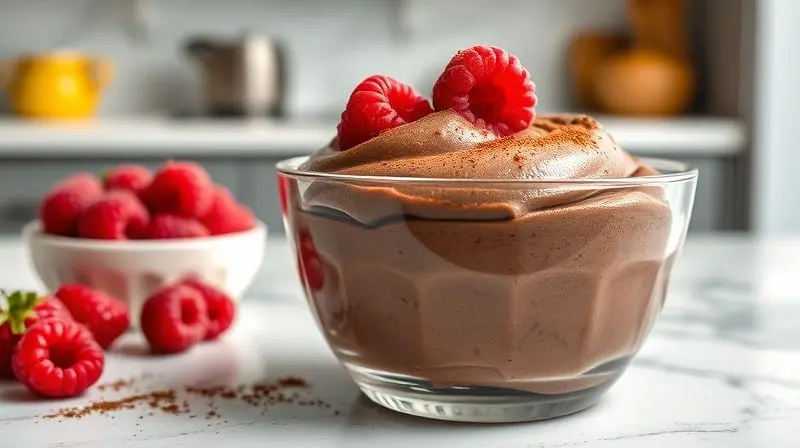 Mousse de chocolate proteico feito com caseína, demonstrando a versatilidade do suplemento em receitas saborosas e saudáveis.