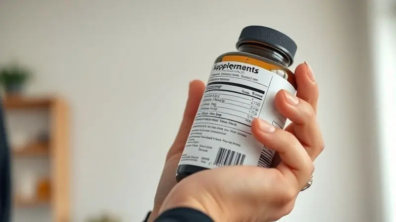 Pessoa lendo o rótulo de um frasco de suplemento com atenção, simbolizando o uso seguro e consciente de produtos para dormir.