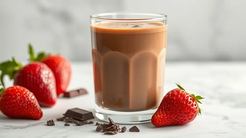 Copo de vidro com um shake de proteína vegana de chocolate, com aparência cremosa, destacando a importância do sabor e diluição.