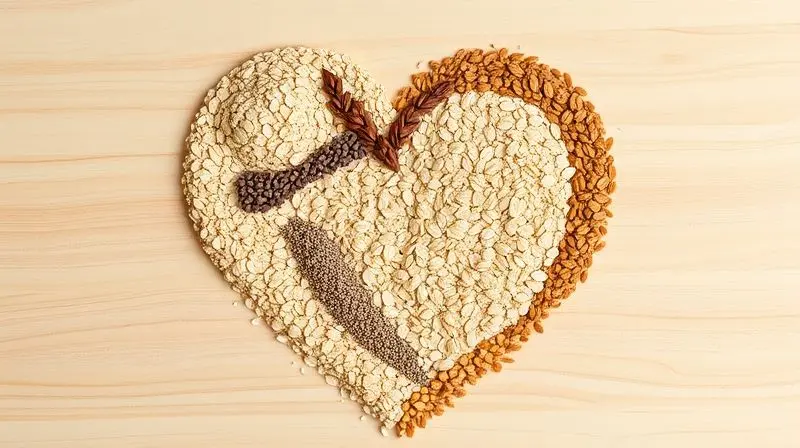 Coração feito com alimentos ricos em fibra, como aveia e sementes, simbolizando os benefícios para a saúde cardiovascular.