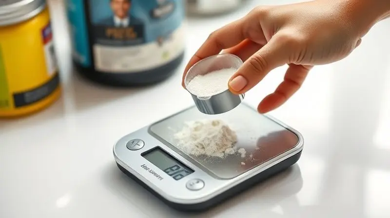 Pessoa medindo a dosagem correta de pré-treino em uma balança digital para garantir o consumo seguro e evitar efeitos colaterais.