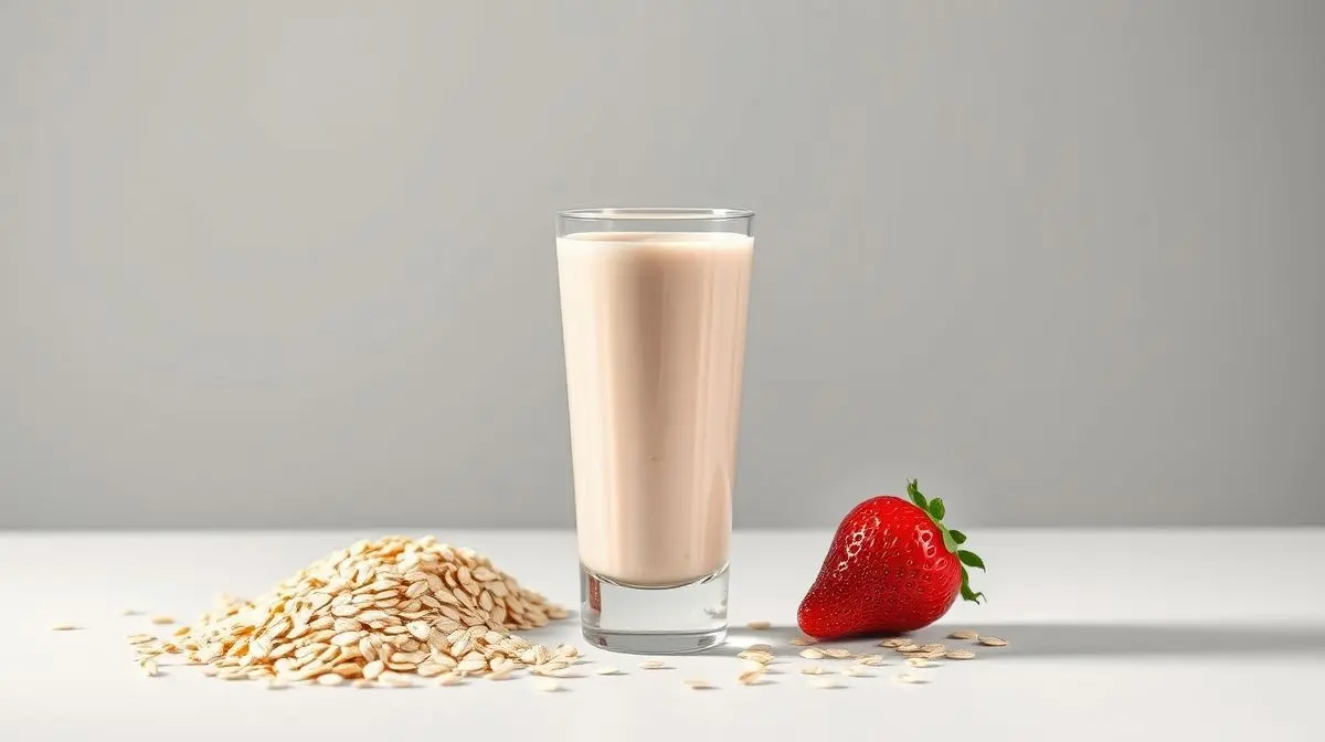 Um shake substituto de refeição nutritivo e sem marca em um copo de vidro, perfeitamente centralizado e ideal para uma dieta prática e saudável.