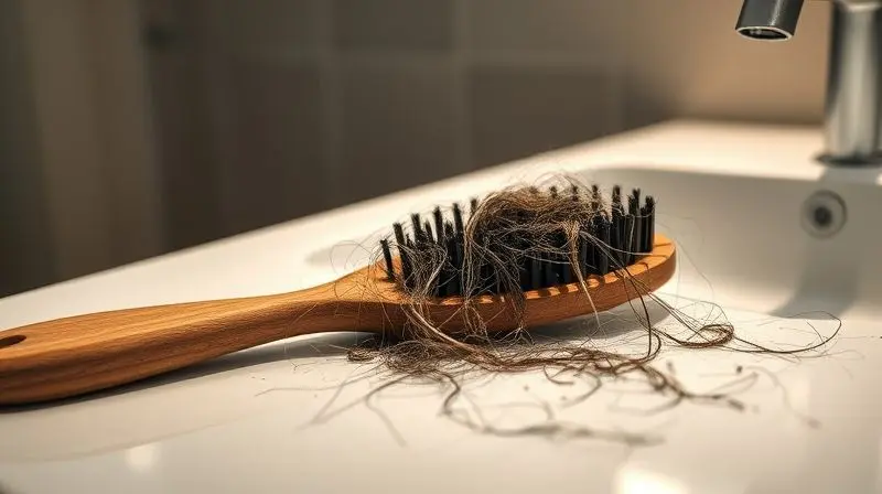 Escova com fios de cabelo caídos, ilustrando um dos sinais de deficiência de vitaminas que afetam o cabelo.