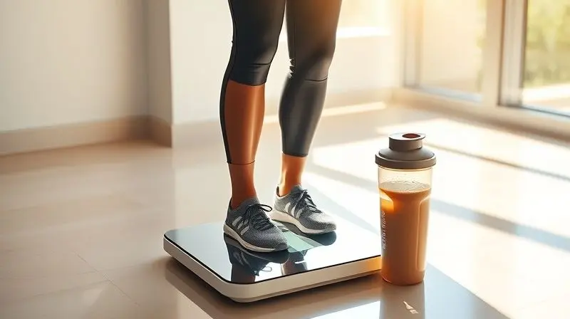 Pessoa em uma balança digital ao lado de um shake substituto de refeição, ilustrando o uso do produto para o gerenciamento e controle de peso.