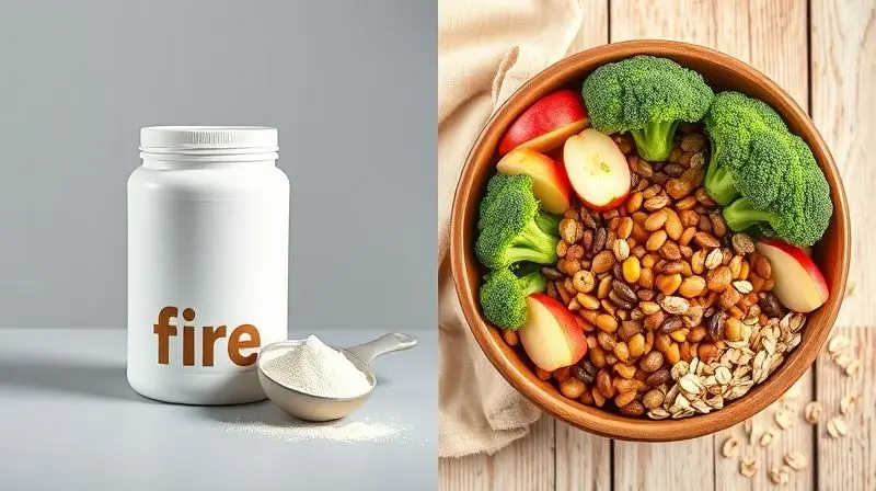 Comparativo visual entre um pote de suplemento de fibra em pó e uma tigela com alimentos naturais ricos em fibras.